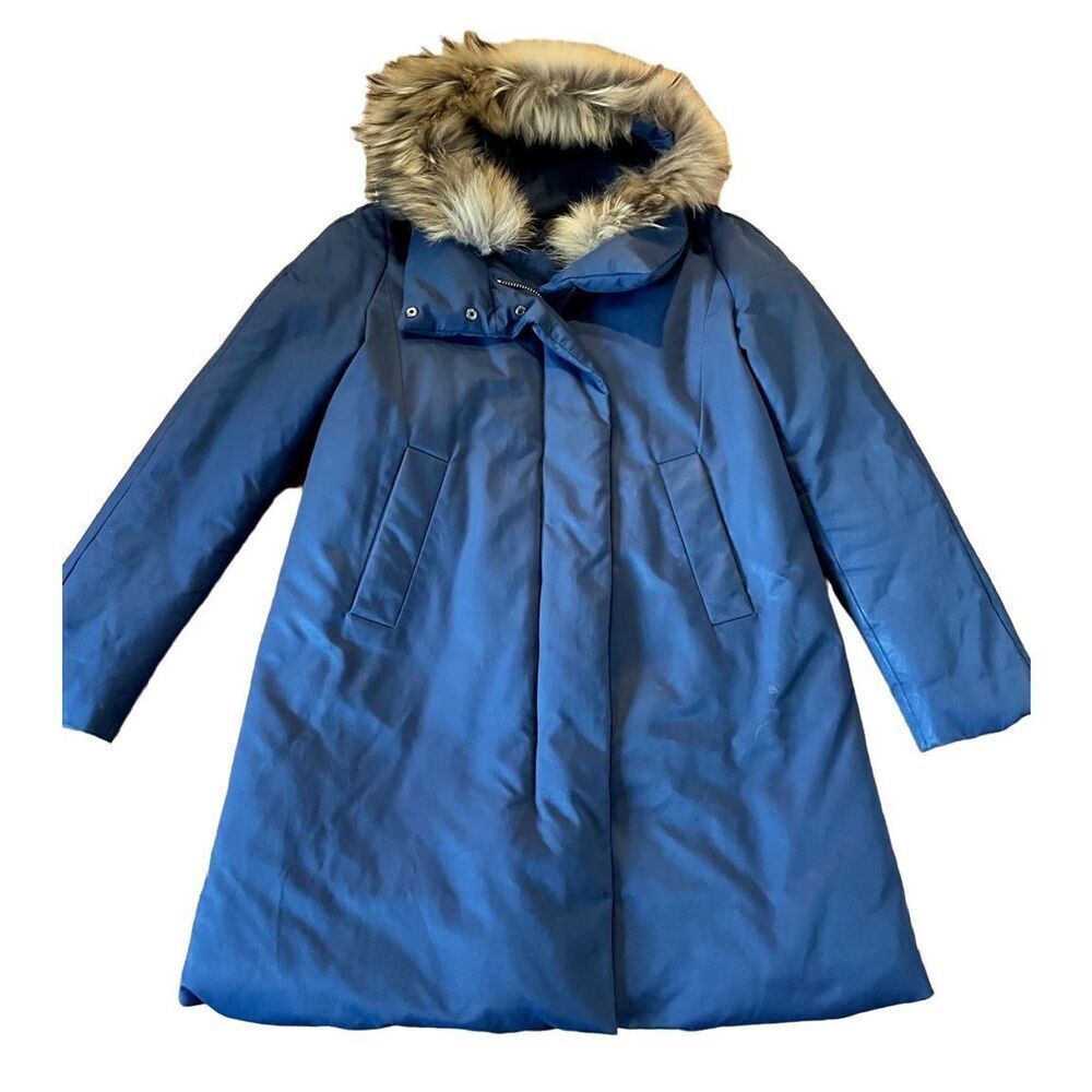 Theory Blue Puffer Coat with Faux Fur Trim